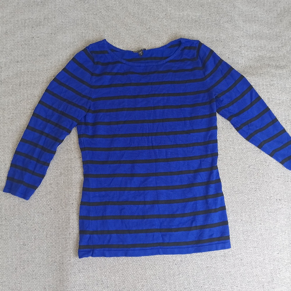 Express Knit Top Womens Small Blue Black Striped Scoop Neck 3/4 Sleeve Excellent